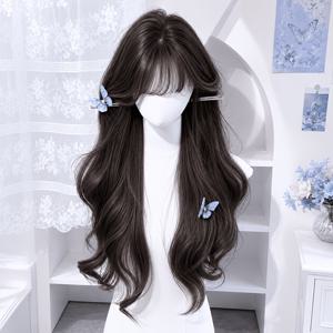 TEMU 누구에게나 어울리는 데일리 가발, 앞머리가 있는 흑갈색 긴 곱슬머리, 패셔너블하고 우아한 파티 및 모임에 완벽
