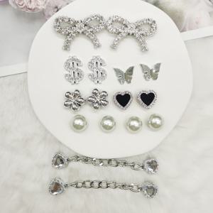 TEMU 16개 블링 라인스톤 달러 보우노트 ABS 슈 참 DIY 체인 장식 럭셔리 은빛 나비 꽃 신발 액세서리 다기능 인조 비즈 하트 슈 클립 장식품 여성용 버블 슬리퍼 비치백 생일 파티 선물용