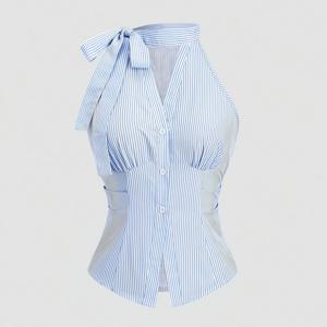 TEMU 여성용 퓨어 디자이어 스타일 블루 앤 화이트 홀터넥 컷아웃 허리 슬림핏 셔츠, 패셔너블하고 우아하며 활용도 높은 데일리 출퇴근 및 데이트용