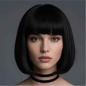 TEMU 10인치 블랙 앞머리 블로우 wig, 여성용 합성 헤어 - 패셔너블한 데일리 및 롤플레잉 wig, 100% 밀도, 저온 섬유, 모든 피부톤에 적합