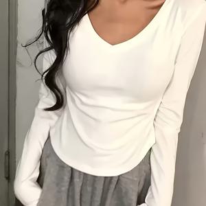 달콤하고 매콤한 여성용 화이트 숄더핏 티셔츠, 봄가을 로우넥 슬림핏 베이스 레이어, 롱슬리브 V넥 탑