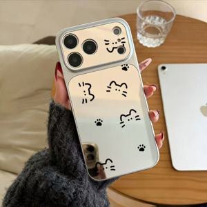 TEMU 휴대폰 케이스 - [Apple 17 Pro 케이스] 고양이용 손으로 그린 라인 휴대폰 케이스, Apple 17 Pro 미러 케이스로 즉시 전환, iPhone 17 16 15 14 13 12 11 Pro Max 모델과 호환, 미러 도금 메이크업 거울 케이스, 충격 방지 카메라 풀 보호