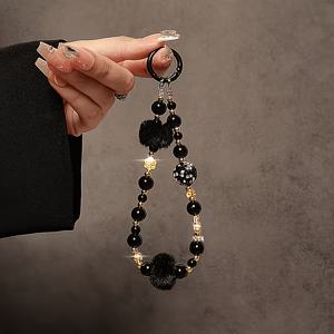 TEMU 고급스러운 블랙 비즈 폰 스트랩, 및 폼폼 장식, 스타일리시 폰 케이스 및 키체인 펜던트