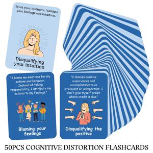 TEMU 50개 인지 왜곡 인지 행동 치료(CBT) 플래시 카드 세트 - 양면 인쇄, 심리 치료 감정 조절 학습 카드, 직관적 거부, 감정적 특성 부여 등 핵심 인지 편향 시나리오 포함