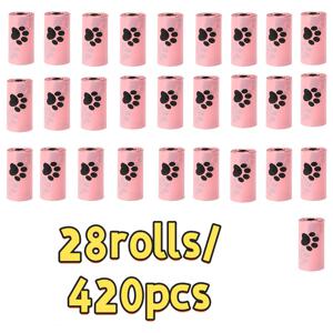 TEMU 28롤/420개 핑크색 두꺼운 튼튼한 강아지 배변 봉투 두꺼운 애완 동물 배변 봉투 휴대용 스타일 애완 동물 청소 쓰레기 봉투 야외 애완 동물 산책용 풀아웃 애완 동물 쓰레기 봉투 애완 동물 청소 선호 재료 두꺼운 데일리 사용에 적합 밀폐 잠금 냄새 방지