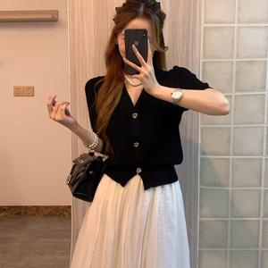 TEMU 여름 프랑스 블랙 엘레강스 스타일 반팔 가디건 여성 탑 슬림핏 허리 티셔츠 V넥