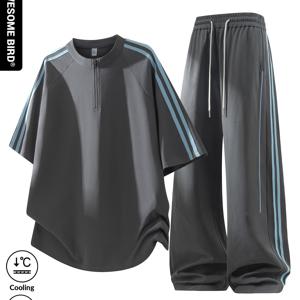 TEMU 아메리칸 스타일 스탠드 칼라 하프 집업 반팔 티셔츠 여름 남성 스포츠웨어 세트, 트렌디한 완전 정장류