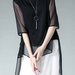 플러스 사이즈 시폰 블ouses, 스타일리시한 플러스 사이즈 여성용 미디엄 소매 루즈핏 프렌치 스타일 상의