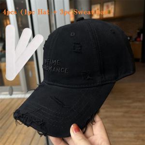 TEMU 4개 세트 모자 1개 + 땀 흡수 패드 3개, 남녀공용 레터 자수 워싱 야구 모자, 소프트 탑, 큰 넓은 챙, 얼굴 슬림 아빠 모자
