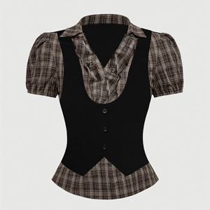 TEMU 레트로 고딕 체크 패치워크 2-In-1 여성 탑, 졸업 시즌 여름