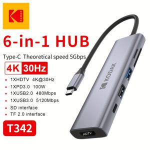 TEMU 1개 6in 1 -USB Type-C to HDTV 호환 PD 멀티 스플리터 어댑터, 4K, , T342 USB 허브 3.0, TF, SD, MacBook 멀티 컨버터