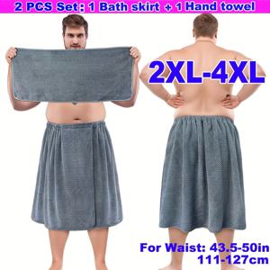 TEMU 남성용 빅 앤 탈 목욕 가운 2pcs 세트, 초흡수 코랄 플리스 가운 + 핸드타월, 오버사이즈 플러시 목욕 랩, 스파 샤워 가운 S-4XL