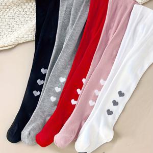 TEMU 5피스 아동용 단색 레깅스, 하트 패턴, 스위트 귀여운 스타일, 피부 친화적인 부드러운 원단, 학교, 캐주얼 및 데일리룩에 적합, 올 시즌 활용 가능한 레깅스, 학교 유니폼으로 완벽