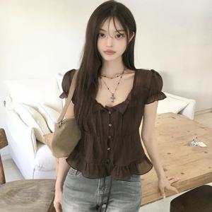 TEMU 한국 여름 프랑스 스타일 스위트 젠틀 엣지 러플 허리 반팔 셔츠 탑