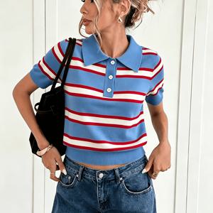 TEMU YFOF 여성용 엘레강스 버튼업 폴로 카라 블라우스 - 라인 실루엣 반팔 상의, 반쯤 열린 가슴 앞단추 & 중간 신축성, 봄/여름용, 캐주얼부터 세미 정장까지 어울리는 옷