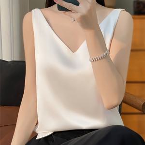 TEMU 여성 여름 단색 멜빵 조끼 V넥 노화 방지 겉옷 속옷 다용도 스몰 셔츠, 출퇴근 및 데이트에 적합