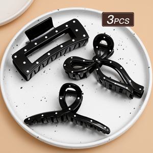 TEMU 여성용 블랙 물방울무늬 헤어 클로 3개 세트 (사각형, 리본, 모양), 스타일리시하고 활용도 높은 대형 헤어 클립. 데일리 캐주얼, 쇼핑, 파티, 데이트에 적합. 여성용 헤어 액세서리, 발렌타인데이 헤어 장식, 선물