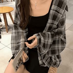 TEMU 여성용 봄/여름 격자무늬 경량 긴소매 캐주얼 셔츠, 루즈핏 앞여밈 싱글브레스트 자외선 차단 통기성 가디건, 출퇴근 및 휴가용 다용도 상의