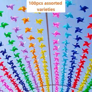 TEMU 100개 4날 풍차 갈랜드 - 30M 스트링에 달린 플라스틱 풍차, 결혼식, 생일, 파티, 정원 장식에 적합 | 생생한 디자인 | 내구성, 야외 친화적, 랜덤 색상
