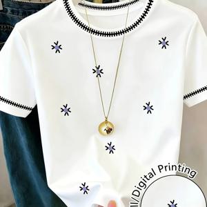TEMU [프린트 E디자인 – 텍스처 아님] 여성 티셔츠 화이트 컬러 블록 스티칭 퍼플 스타 작은 꽃 프린트 라운드넥 반팔 티셔츠 디자인 센스 캐주얼 탑 여성에게 완벽한 선물