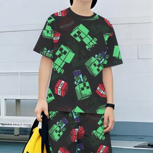 TEMU 새로운 여름 반팔 티셔츠 만화 캐주얼 스타일 블랙 픽셀 스타일 크롤러 보물 상자 풀 프린트 의상 반바지 의류 패션 남아 여아, 야외용