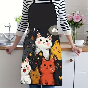 TEMU 1개 귀여운 고양이 패턴 폴리에스터 앞치마 - 생동감 넘치는 만화 고양이와 하트 & 별 디자인, 요리용 내구성 좋은 쉽게 세탁 가능한 주방 앞치마, 베이킹, 가드닝, 홈 데코, 고양이 앞치마, 기발한 주방복, 쉬운 세척 원단