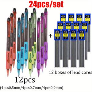 TEMU 24개/세트 고품질 편안한 그립 메카닉 0.5/0.7/0.9mm 연필 세트, 쉬지 않는 블랙 HB 펜심, 스케치, 드로잉 도구, 사무용품, 학용품에 매우 적합