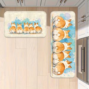 TEMU 1개 귀여운 코기 강아지 패턴 주방 매트, 미끄럼 방지 세탁 가능 바닥 매트 – 주방, 거실, 복도, 욕실 및 실내/야외 출입구에 완벽 – 16×24/20×32/16×47 인치 러너 러그