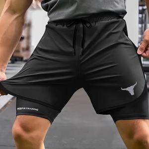 TEMU 남성용 퀵드라이 짐 반바지 - 스타일리시 불 로고 프린트, 통기성 및 흡습 기능, 사이드 포켓 & 오픈 헴 요가/운동용, 여름 스포츠 캐주얼 쇼츠, 세탁 가능, 내구성 있는 디자인, 액티브 라이프스타일, 경량 소재, 피트니스 애호가를 위한 모던 아슬레틱웨어