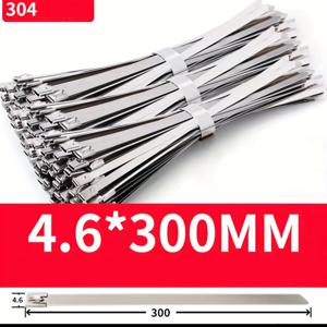 TEMU 메탈 지퍼 타이 4.6mm 100개입 304 스테인리스 스틸 지퍼 타이 200mm/300mm/400mm/500mm 헤비듀티 다목적 자체 잠금 케이블 타이 - 기계, 차량, 배기 랩핑, 농장, 파이프, 지붕, 케이블 및 야외 펜스용