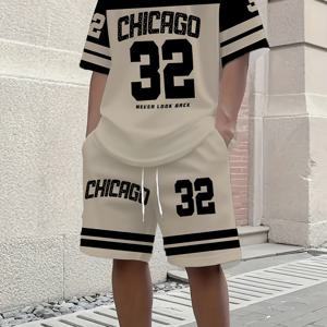 2개 세트 남성용 블랙 & 화이트 대조 티셔츠와 반바지 세트 - 대담한 '32' 넘버 디자인, 시카고 워드 디자인, 통기성 좋은 레귤러 핏 - 일상 및 정장용 - 세탁기 사용 가능한 캐주얼 반팔 반바지 세트, 청소년 및 성인을 위한 선물, 야외 활동용 셔츠, 스포티한 스타일, 내구성 있는 편안한 소재