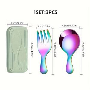 TEMU 3개입 휴대용 커트러리 세트 - 스테인리스 스틸 짧은 손잡이 스푼, 포크, 보관 케이스, 다기능 케이크 과일 포크와 스푼, 학생, 여행, 식사용 편리한 식기 - 수프 스푼, 디저트 포크 콤보