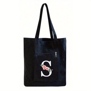 TEMU 1개 A-Z 알파벳과 꽃무늬 프린팅 블랙 토트백, 여성용 캐주얼 캔버스 토트백, 휴가, 해변, 일상생활에 적합, 여성, 엄마, 선생님, 친구, 신부 들러리, 학생, 개학 선물로 최고