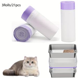 고양이 화장실 라이너, 특대형 두꺼운 고양이 화장실 봉투, 총 3롤 (21개입), 풀 스트링 디자인, 총 가장자리 길이 40인치/102cm의 화장실에 적합, 봉투 깊이 17.7인치/45cm
