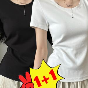TEMU 1+1 여성 스퀘어넥 반팔티셔츠 U넥 스판티