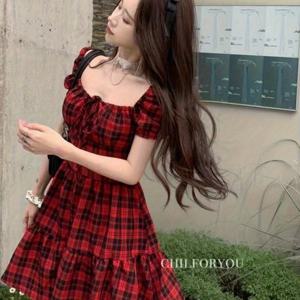 TEMU 여성 체크 미니 원피스 반팔 퍼프소매 스퀘어넥 셔링 타탄체크 하이틴룩 레트로 러블리 A라인 날씬해보이는 데이트룩 바캉스룩 첫사랑룩 레드