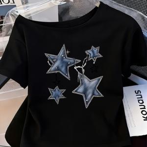 TEMU 여성 오프숄더 스타일 반팔, 아메리칸 빈티지 데님 별 프린트, 봄 여름 스트리트 트렌디 의상, 통기성 좋은 편안한 티셔츠