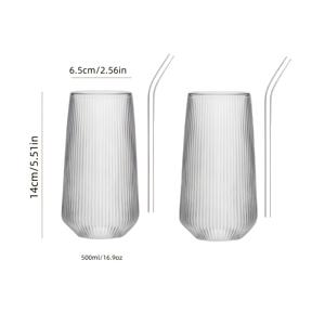 TEMU 4개 세트: 유리잔 2개 + 빨대 2개, 세로줄무늬 눈물방울형 유리컵과 빨대, 고온 내성 고붕규산 유리, 주스, 음료, 커피, 우유 등에 적합, 재사용 가능, 주방, 사무실, 식사, 파티, 바용, 손세척 전용, 아이스 아메리카노 커피컵, 훌륭한 선물용품