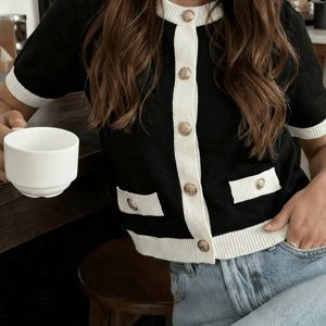 TEMU 플러스 사이즈, [디디 오리엔테이션] 하지날 여성용 우아한 엘레강스 스타일 반팔 가디건 컬러 매칭 버튼 캐주얼 스웨터 탑
