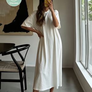 TEMU 여성용 여름 나이트가운, 심플한 단색 루즈핏 반팔 수면복 원피스, 사이드 포켓 포함, 레이온 모달 원단, 신축성 있는 캐주얼 스타일