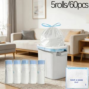 TEMU 고강도 누수 방지 및 냄새 제어 쓰레기 봉투 5롤/60매, 졸라매는 끈 잠금장치 포함 - 두꺼워짐, 찢어짐 방지, 가정, 사무실, 반려동물 배설물, 상업용으로 적합 - 일반 쓰레기통과 가정용 폐기물 처리와 호환