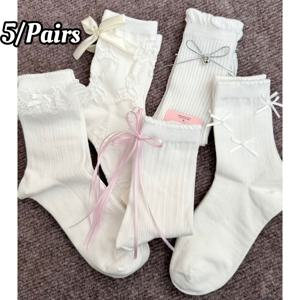 TEMU 봄/여름용 소녀스타일 흰색 양말 5켤레, 귀엽고 가성비 좋은 양말, 활용도 높은 레이스 리본, 한국 스타일, 스위트, 사계절용