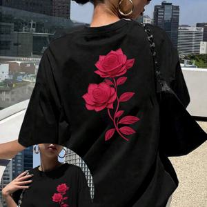 TEMU 여성 레터 프린트 로즈 디자인 티셔츠, 검정색 반팔 라운드넥 캐주얼 탑에 빨간 장미 디자인, 신축성 및 통기성 좋은 원단으로 제작, 봄/여름용 세탁기 사용 가능, 여름 의상에 완벽, 편안한 스타일