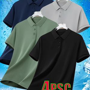 4pcs 세트 남성용 반팔 골프 셔츠, 폴리에스터, 성숙한 스타일, 라펠 칼라, 단색, 정상 길이, 약간의 스트레치 재질, 120g/m², 열전이 프린팅이 있는 니트 재질, 일상, 비즈니스, 스포츠, 삶, 일, 여행, 데이트, 골프용