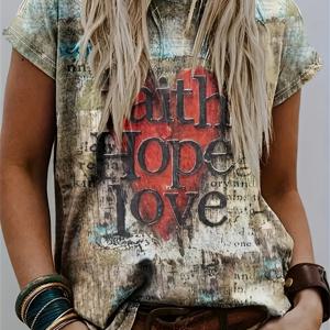 TEMU 여성용 빈티지 FAITH HOPE LOVE 하트 프린트 티셔츠 - 에스닉 스타일 반팔 라운드넥 티, 세탁기 사용 가능 사계절 캐주얼 탑, 빈티지 티셔츠, 릴랙스 핏 셔츠