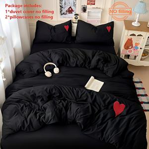 TEMU 3pcs 이불 커버 세트, 자수 빨간색 하트 패턴, 이불 커버 1개 및 베갯잇 2개 포함, 편안하고 통기성 좋음, 지퍼 잠금, 세탁기 사용 가능, 모든 계절에 적합, 부드러움, 킹 사이즈 이불 커버 세트