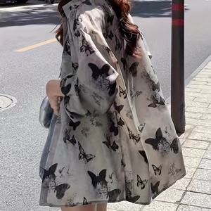 TEMU 나비 프린트 긴팔 셔츠, 레트로 슬림핏 루즈핏 클리너프 여성용 탑, 봄/여름/가을 캐주얼 패션 디자인 커플 아웃핏 오픈 프론트 아우터웨어