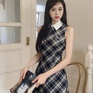 TEMU 2026 봄, 여름, 가을 신상 대학생 스타일 민소매 원피스 여성 폴로 칼라 허리 A라인 스커트 인성 스커트