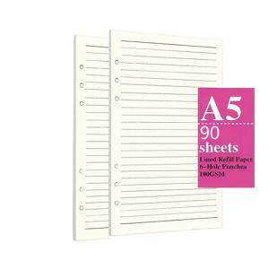 TEMU A5 플래너 리필 시트, 90매/180페이지, 6홀 디자인 (6링 바인더용), 두꺼운 100Gsm 용지, 크기 8.19
