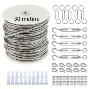 TEMU 30M/15M 304 스테인리스 스틸 와이어 로프 키트, 1.5mm 금속 재질, 정원, 농장 울타리, 발코니 난간, 텐트 지지 턴버클 및 후크